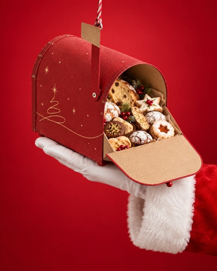 Scatola a forma di cassetta delle lettere piena di biscotti di Natale