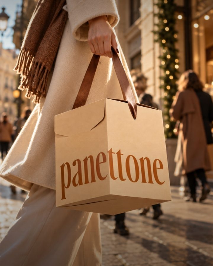 Shopper di carta con la scritta panettone portata a mano in strada